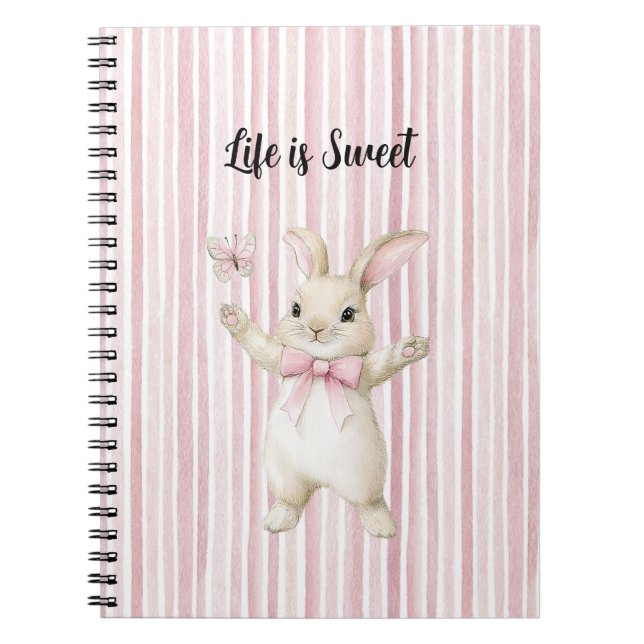 Bunny Butterfly Blush Pink Stripes Notebook (Front)