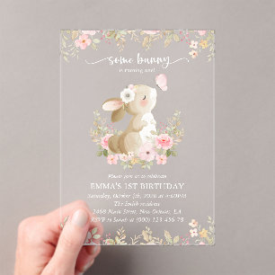 Bunny, Butterfly, Pink Flowers, First Birthday Acrylic Invitations