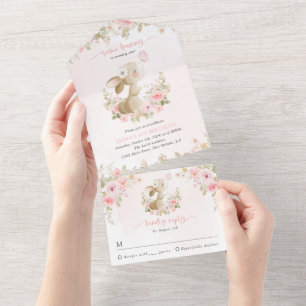 Bunny, Butterfly, Pink Flowers, First Birthday All In One Invitation