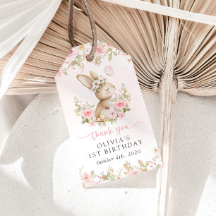 Bunny, Butterfly, Pink Flowers, First Birthday Gift Tags