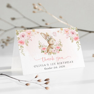 Bunny, Butterfly, Pink Flowers, First Birthday Thank You Card