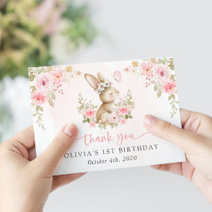 Bunny, Butterfly, Pink Flowers, First Birthday Thank You Card