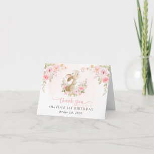 Bunny, Butterfly, Pink Flowers, First Birthday Thank You Card