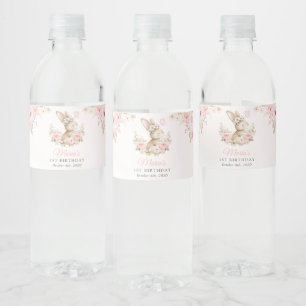 Bunny, Butterfly, Pink Flowers, First Birthday Water Bottle Label