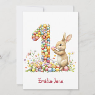 Bunny Candy Floral Watercolour 1st Birthday Invitation
