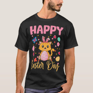 Bunny Cat Colorful Eggs Hunting Happy Easter Day T-Shirt