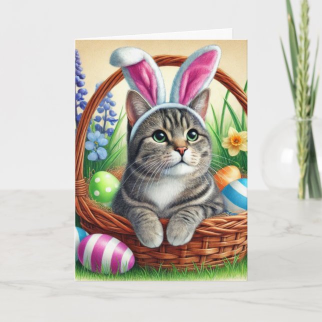Bunny Cat Kids Easter Holiday Greeting Card (Front)