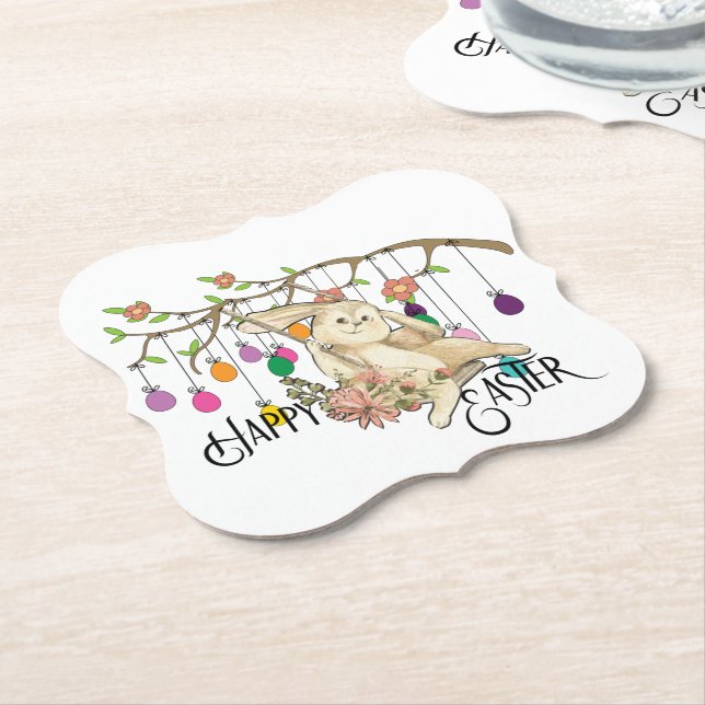 Bunny Celebrates Easter Day Paper Coaster (Angled)
