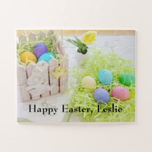 Bunny & chick figures on basket with Easter eggs, Jigsaw Puzzle