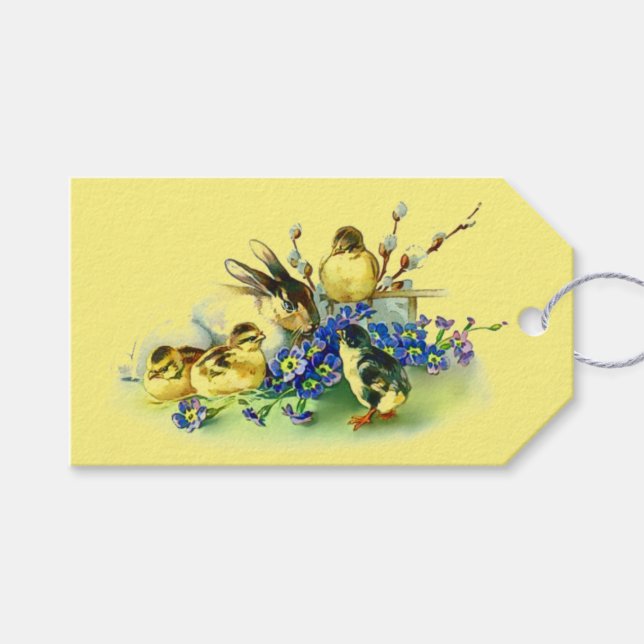 Bunny & Chicks Vintage Style Easter Gift Tag (Front (Horizontal))