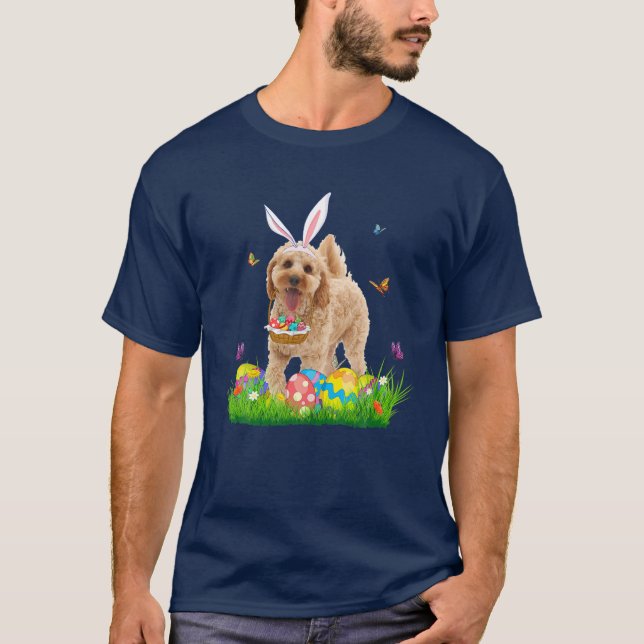 Bunny Cockapoo With Egg Basket Easter Hunting Egg T-Shirt (Front)