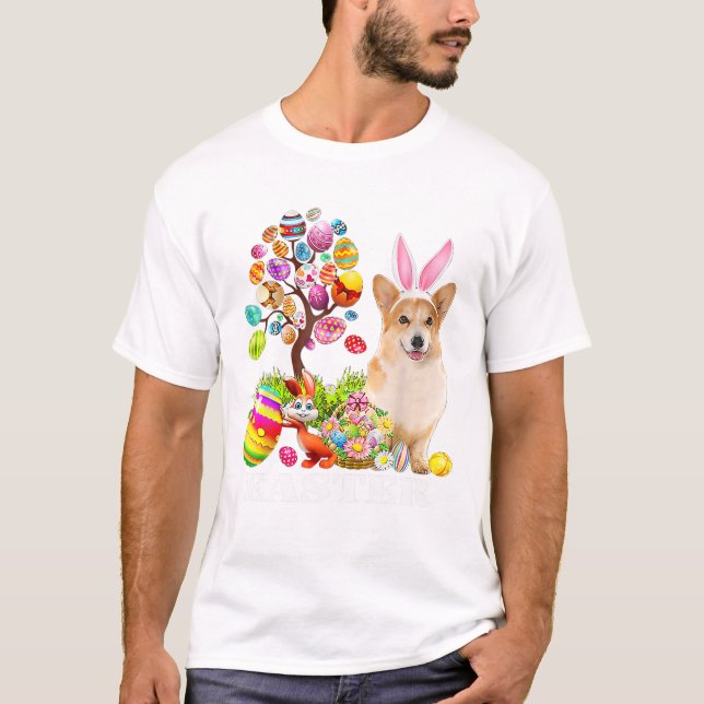 Bunny Corgi Dog Happy Easter Eggs T-Shirt (Front)