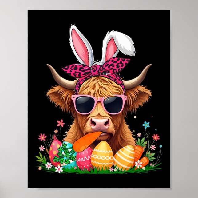 Bunny Cow Bow Tie Eating Carrot Easter Eggs Owner  Poster (Front)