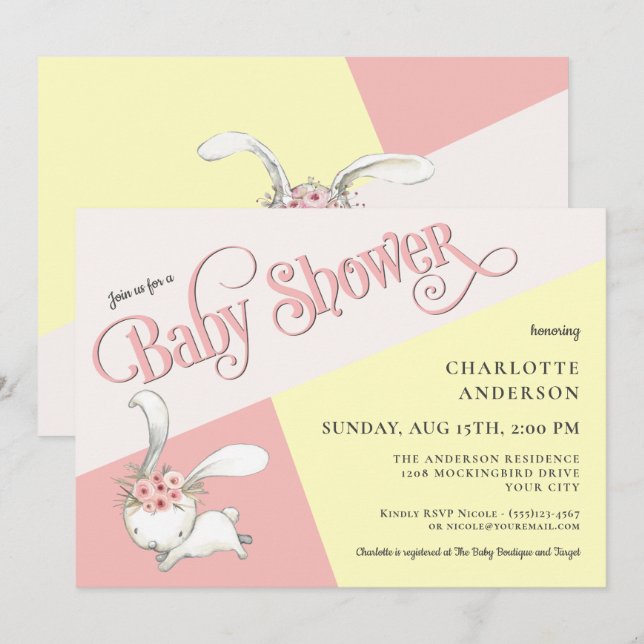 Bunny Cute Pastel Girl Baby Shower Invitation (Front/Back)