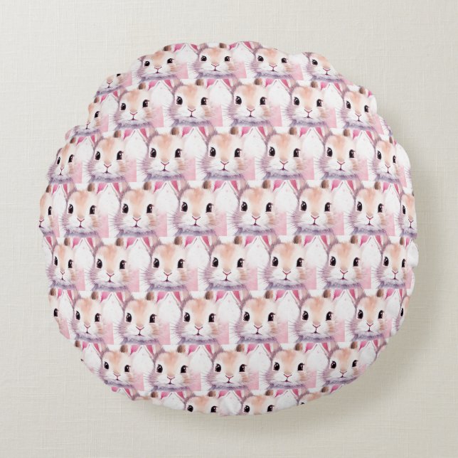 Bunny Cute Watercolor Pink baby shower Round Cushion (Front)