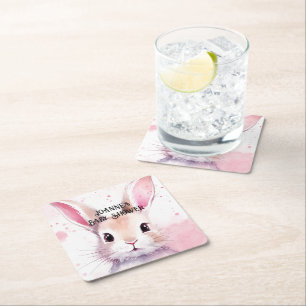 Bunny Cute Watercolor Pink baby shower Square Paper Coaster