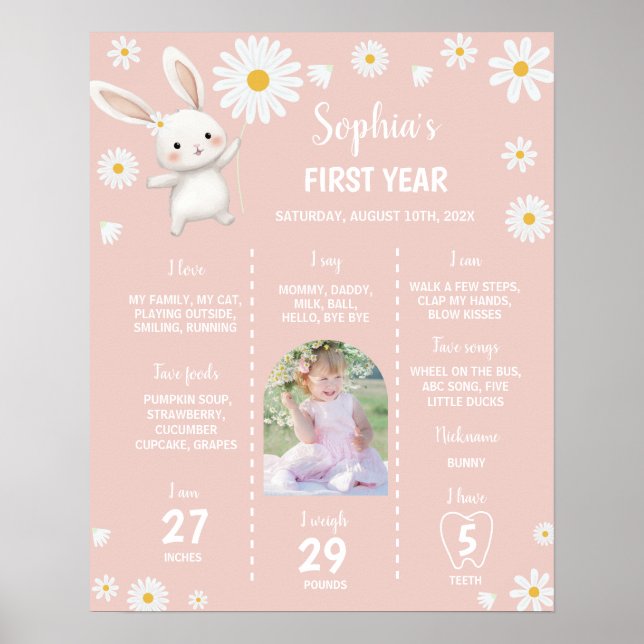 Bunny Daisy 1st Birthday Party Milestone Sign (Front)