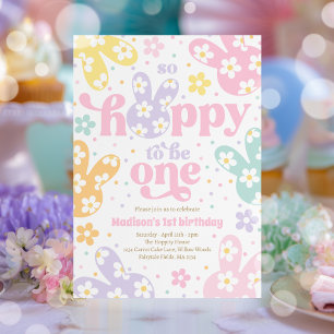 Bunny Daisy Floral Pastel Spring 1st Birthday Invitation
