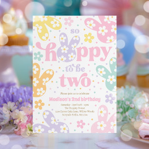 Bunny Daisy Floral Pastel Spring 2nd Birthday Invitation