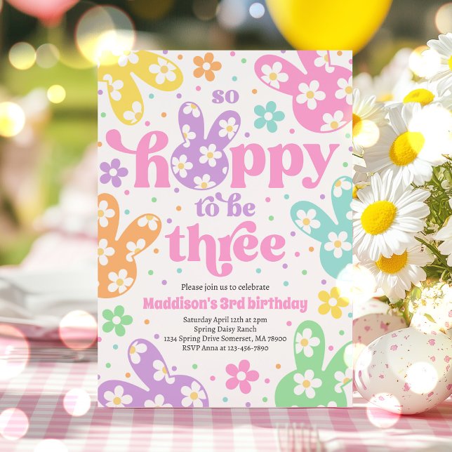 Bunny Daisy Floral Pastel Spring 3rd Birthday Invitation (Creator Uploaded)