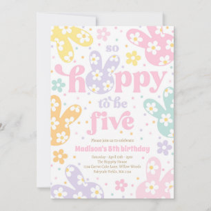 Bunny Daisy Floral Pastel Spring 5th Birthday Invitation