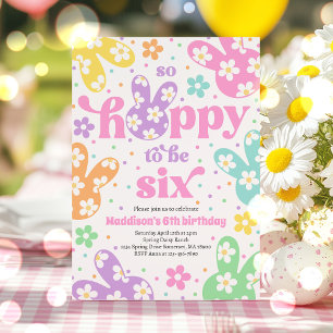 Bunny Daisy Floral Pastel Spring 6th Birthday Invitation
