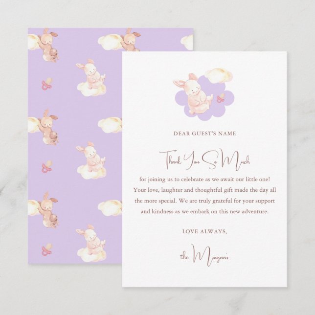 Bunny Dreams Purple Baby Shower  Thank You Card (Front/Back)