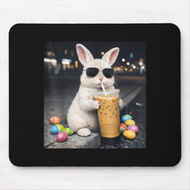 Bunny Drinking Iced Coffee Funny Easter Egg Rabbit Mouse Mat (Front)