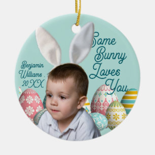 Bunny Ears Boy Photo Customise Blue Ceramic Tree Decoration