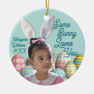 Bunny Ears Girl Photo Customise Blue Ceramic Tree Decoration