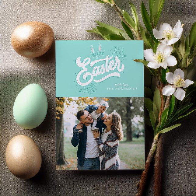 Bunny Ears "Happy Easter" Photo Holiday Card (Creator Uploaded)