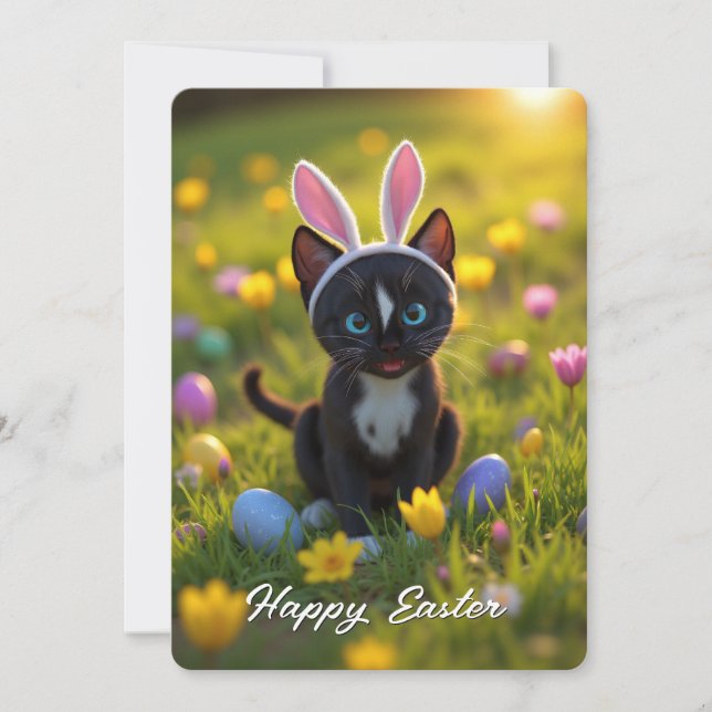 Bunny Ears & Purrs: Felini’s Easter Play Holiday Card (Front)