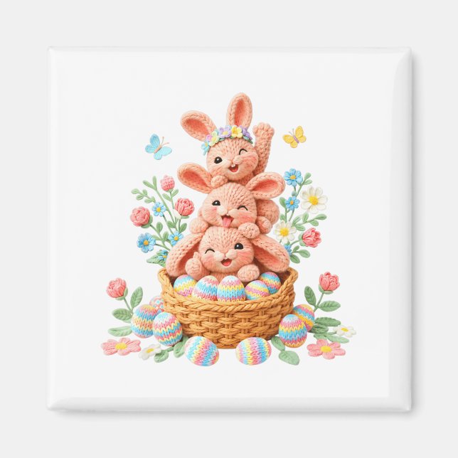Bunny easter day yarn crochet cute rabbit face egg magnet (Front)