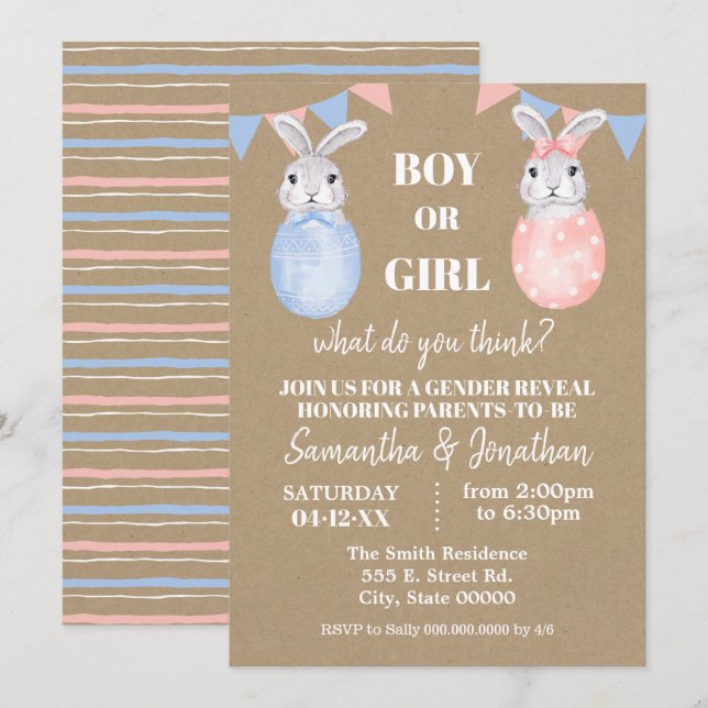 Bunny Easter Gender Reveal Boy or Girl Baby Shower Invitation (Front/Back)