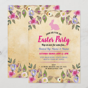 Bunny Easter Party Flower Vintage Pink Invite