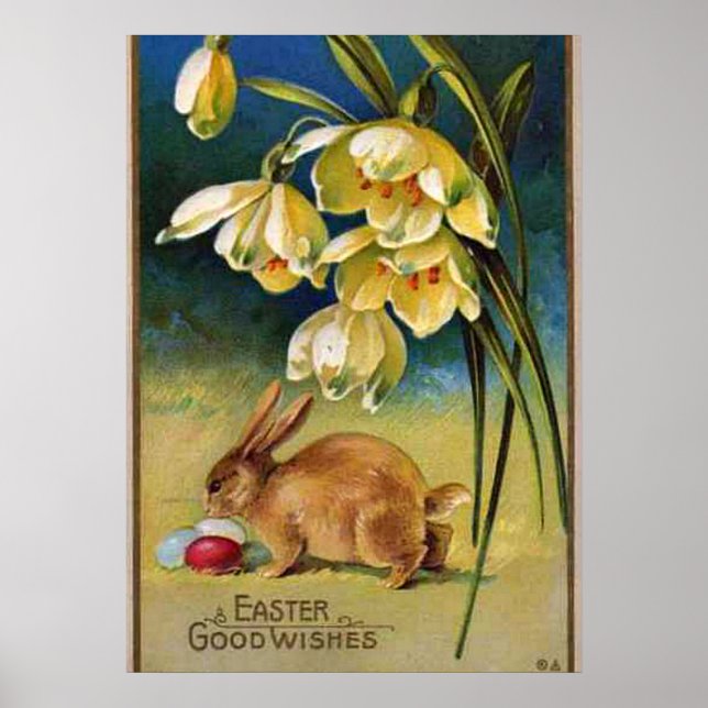 Bunny, Eggs, and Snowdrops, vintage 1910 Poster (Front)