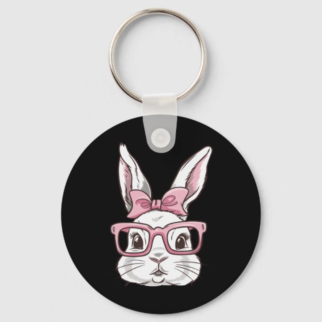 Bunny Face With Pink Sungles Bow Tie Easter Day Gi Key Ring (Front)