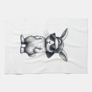 Bunny Face with Sunglasses Cap Easter Day for Boys Tea Towel