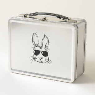 Bunny Face With Sunglasses Easter Day for Boys Men Metal Lunch Box