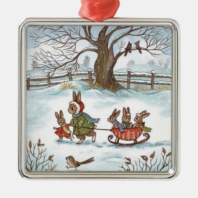 Bunny Family Snow Christmas Family Friend Gift Metal Tree Decoration (Front)