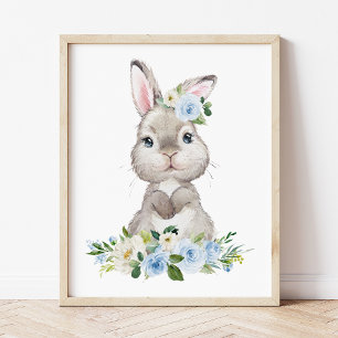 Bunny, Farm Animals, Blue Flowers, Boy Nursery Poster