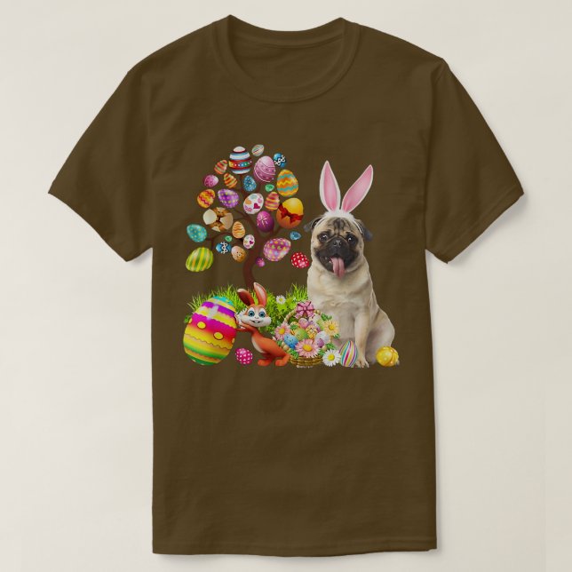 Bunny Fawn Pug Dog Happy Easter Eggs Tree  T-Shirt (Design Front)