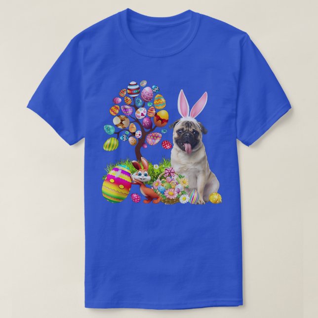 Bunny Fawn Pug Dog Happy Easter Eggs Tree  T-Shirt (Design Front)
