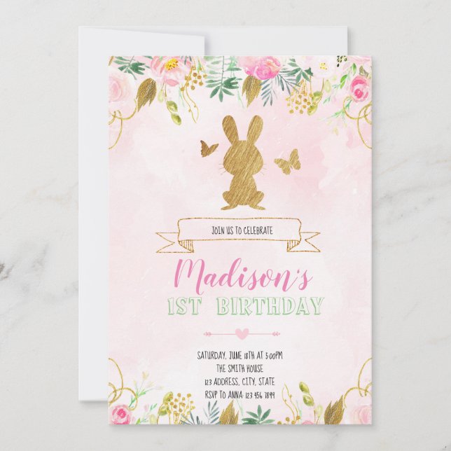 Bunny first birthday invitation (Front)