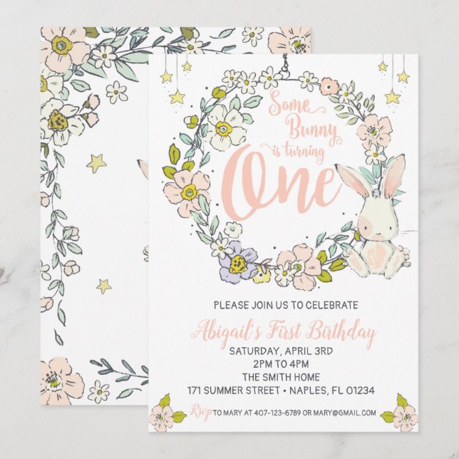 Bunny First Birthday Invitation (Front/Back)