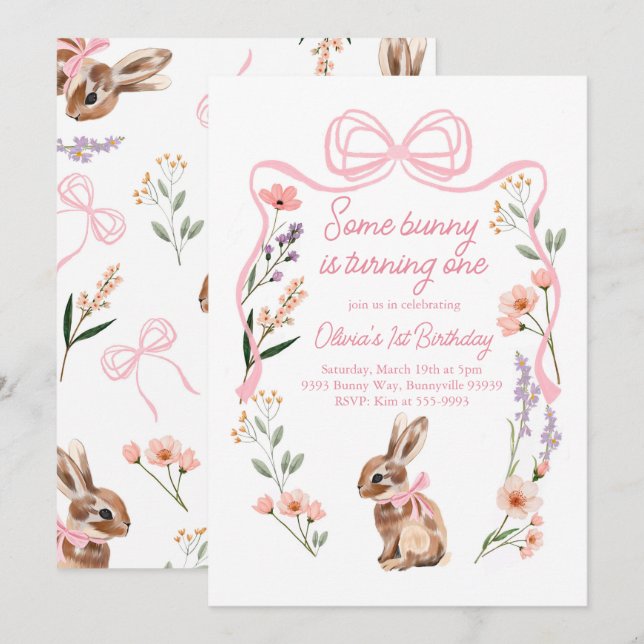 Bunny first birthday invitation wildflowers bow (Front/Back)