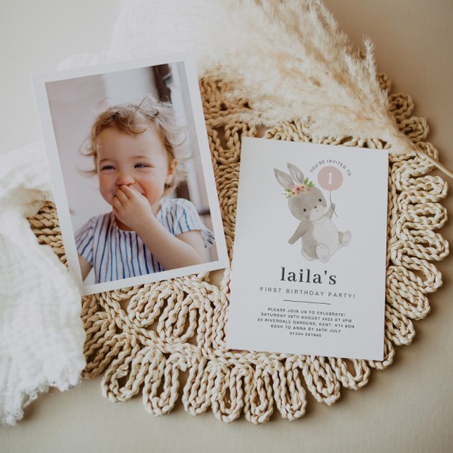 Bunny First Birthday Photo Invitation Pink Balloon (Creator Uploaded)