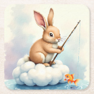 Bunny Fishing from a Cloud Square Paper Coaster