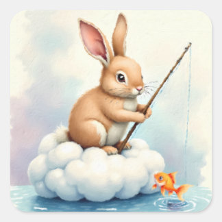 Bunny Fishing from a Cloud Square Sticker