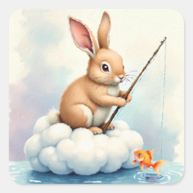 Bunny Fishing from a Cloud Square Sticker (Front)
